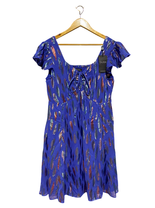 DUSK |M| BUST 19| B47| WOMEN'S ROYAL BLUE METALLIC FOIL PRINT FLUTTER SLEEVE MINI DRESS NWT