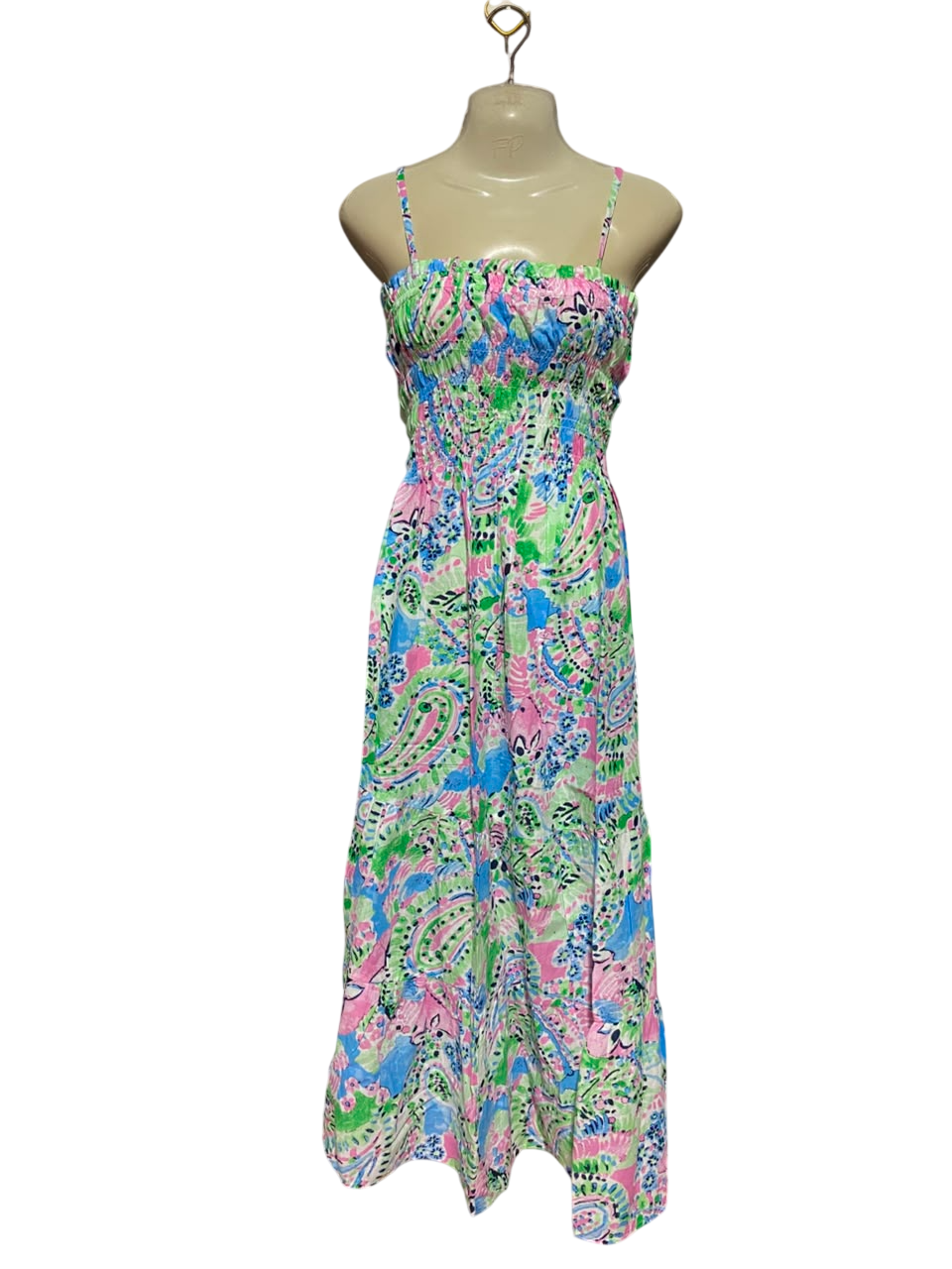 FLOWER FEVER |XS| BUST 15| B47| WOMEN'S MULTICOLOR PAISLEY FLORAL SMOCKED CAMI MAXI DRESS