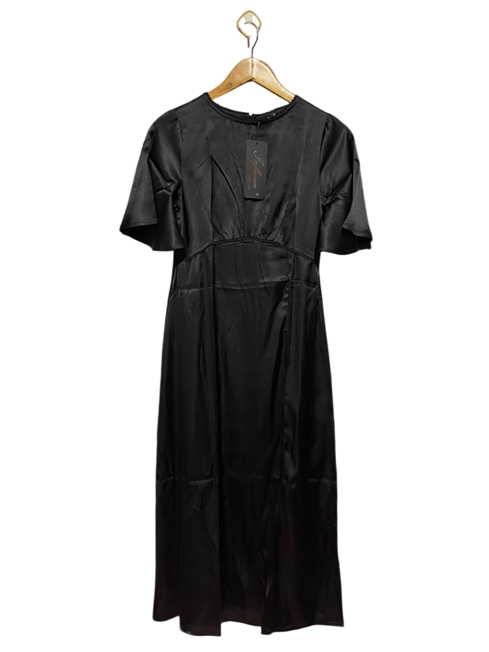 INFLUENCE |S| BUST 16| B47| WOMEN'S BLACK SATIN SHORT FLUTTER SLEEVE EMPIRE WAIST MIDI DRESS