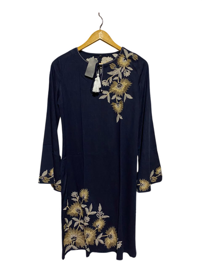 |M| BUST 18| B47| WOMEN'S NAVY BLUE EMBROIDERED FLORAL LONG SLEEVE TUNIK DRESS