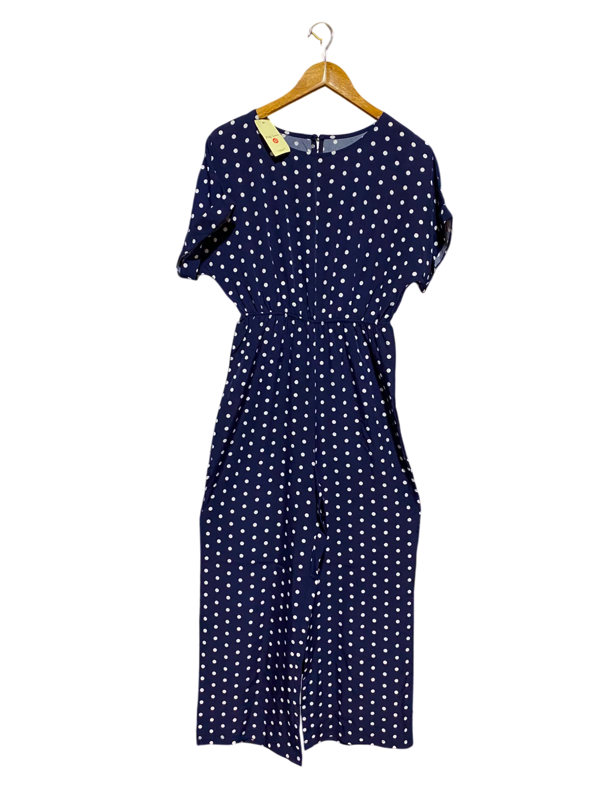 PRETTY SUMMA |M| BUST FREE| B47| WOMEN'S NAVY BLUE POLKA DOT SHORT SLEEVE JUMPSUIT NWT