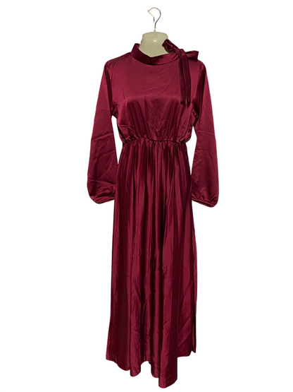 |M| BUST 17| B47| WOMEN'S BURGUNDY SATIN MOCK NECK LONG SLEEVE MAXI DRESS WITH NECK TIE
