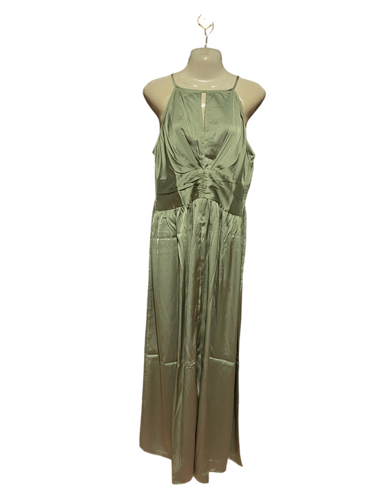 SHEIN |L| BUST 18| B47| WOMEN'S SAGE GREEN SATIN HALTER MAXI DRESS RUFFLED PLATED EVENING DRESS