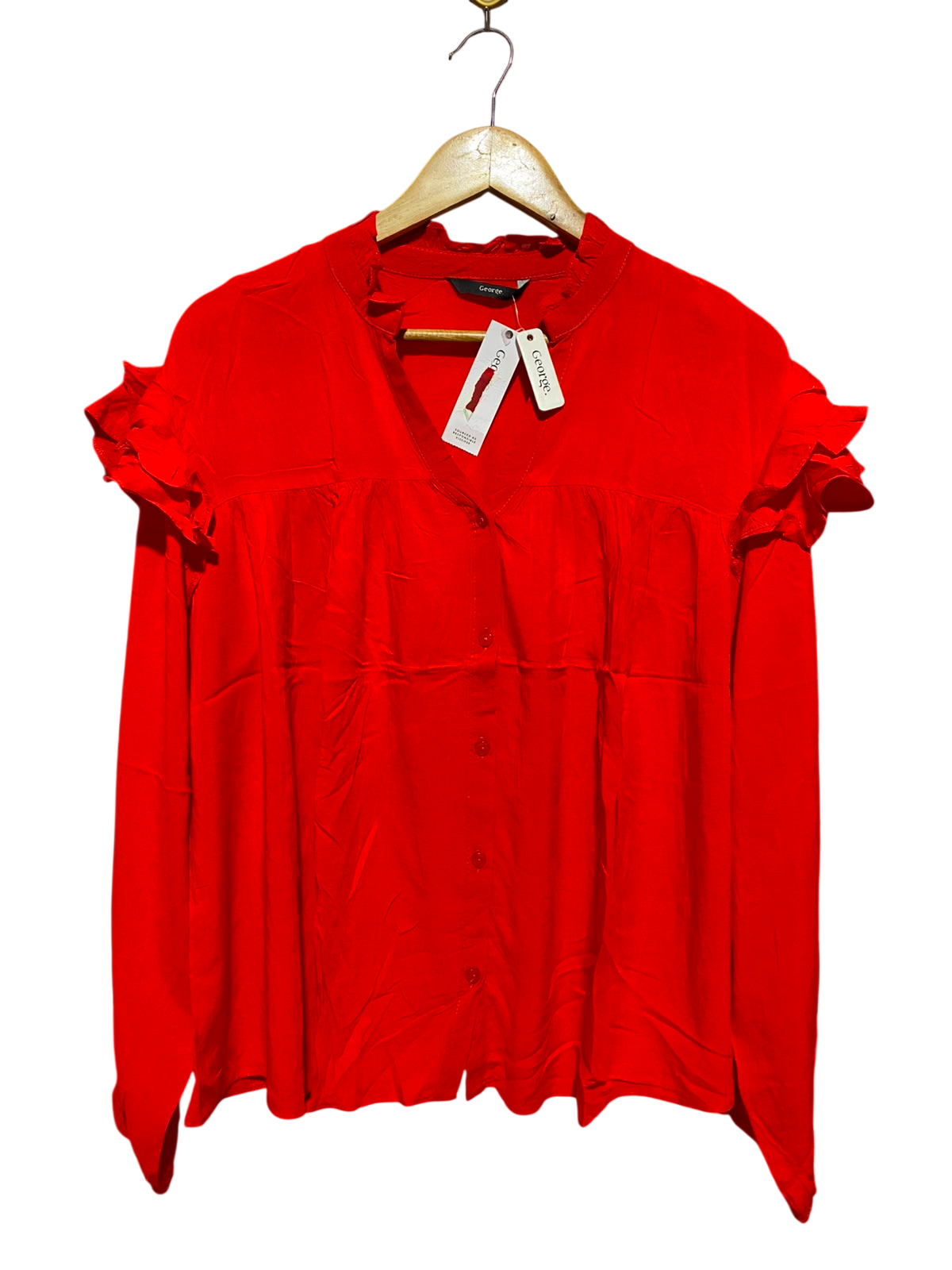 GEORGE |L| BUST 20| B47| WOMEN'S BRIGHT RED RUFFLED SHOULDER V-NECK LONG SLEEVE BLOUSE NWT