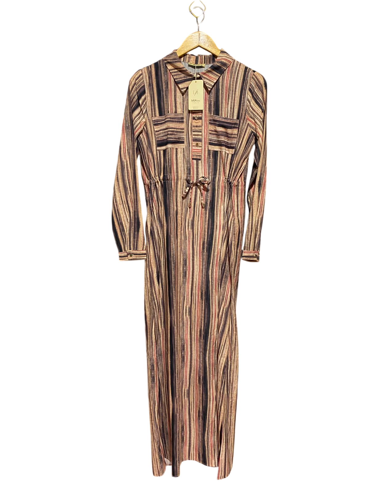 MIA LINE |M| BUST 18| B47| WOMEN'S MULTICOLOR STRIPED LONG SLEEVE MAXI SHIRTDRESS WITH DRAWSTRING