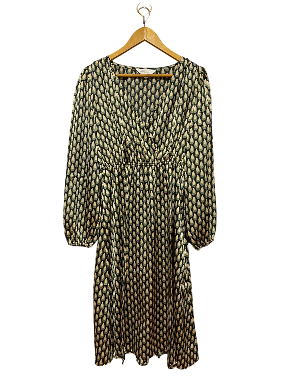 APRICOT |M| BUST 18| B47| WOMEN'S TEARDROP GEOMETRIC PRINT LONG SLEEVE FAUX WRAP MIDI DRESS
