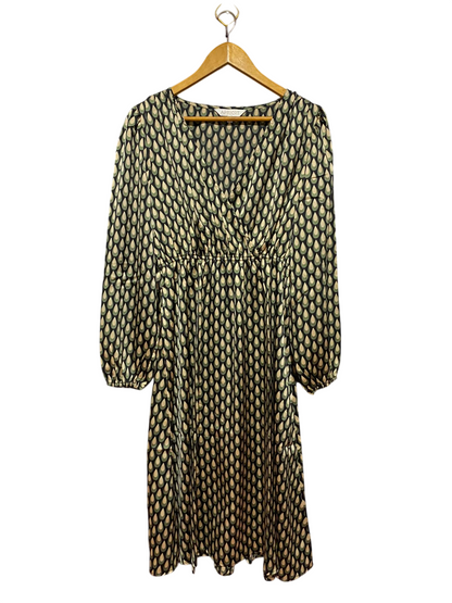 APRICOT |M| BUST 18| B47| WOMEN'S TEARDROP GEOMETRIC PRINT LONG SLEEVE FAUX WRAP MIDI DRESS