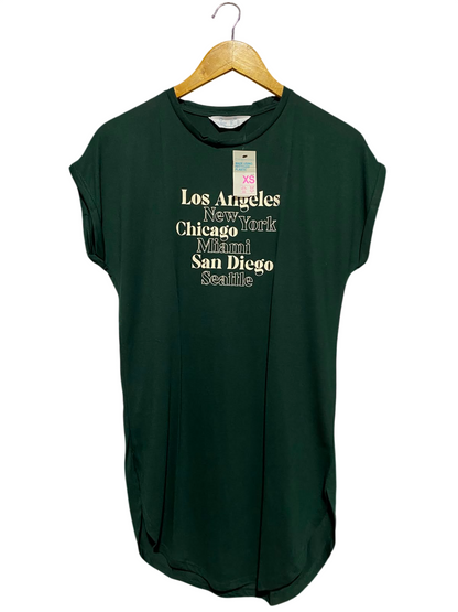 PRIMARK CARES |XS| BUST FREE| B47| WOMEN'S US CITIES GRAPHIC T-SHIRT DRESS DARK GREEN XS NWT