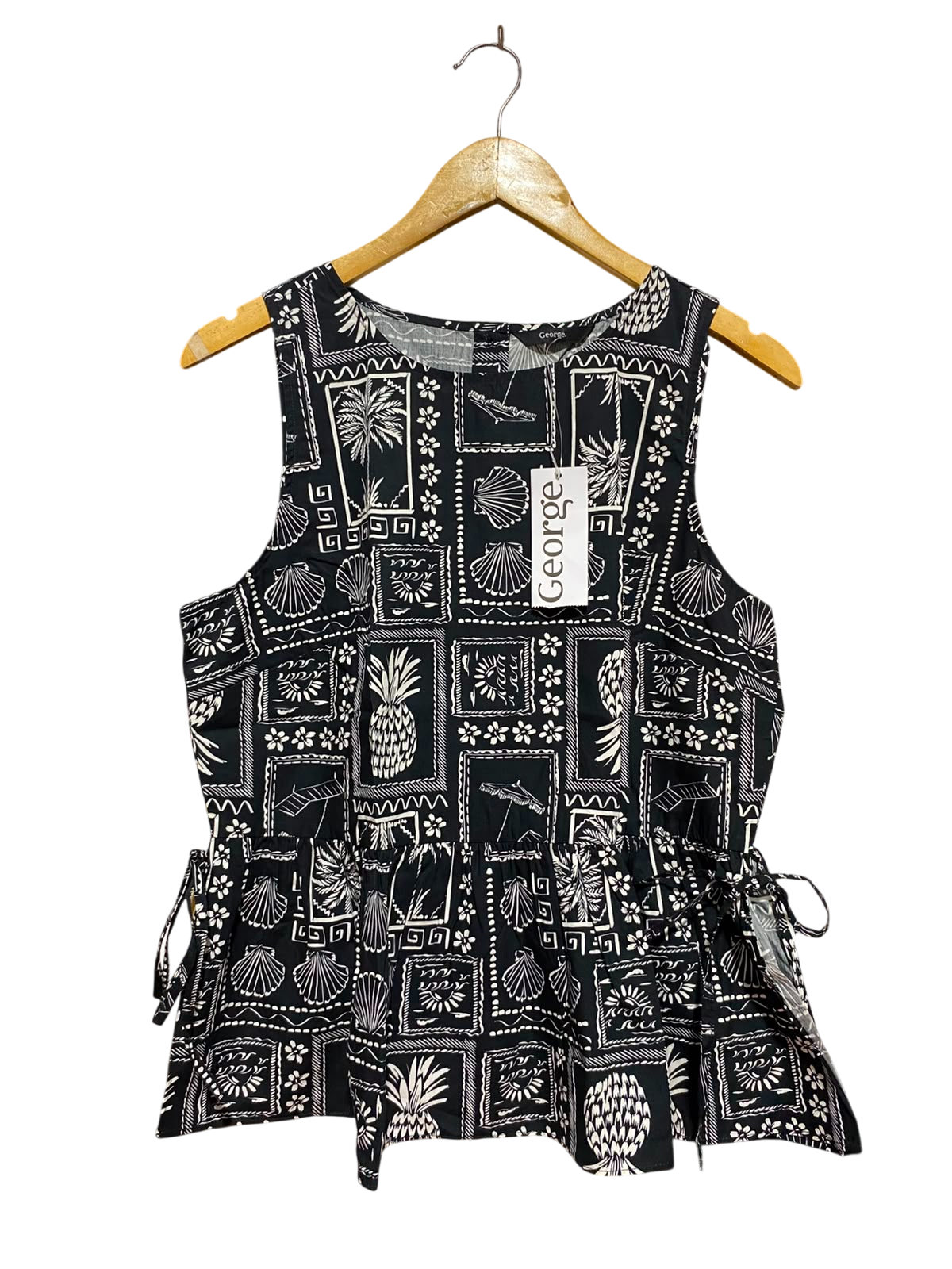 GEORGE |M| BUST 20| B47| WOMEN'S TROPICAL PRINT SLEEVELESS PEPLUM BLOUSE BLACK & WHITE NWT