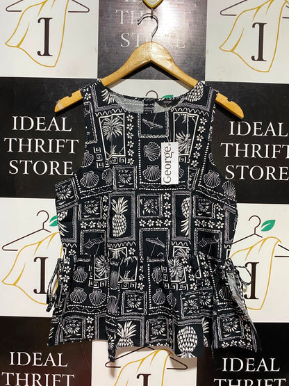 GEORGE |M| BUST 20| B47| WOMEN'S TROPICAL PRINT SLEEVELESS PEPLUM BLOUSE BLACK & WHITE NWT
