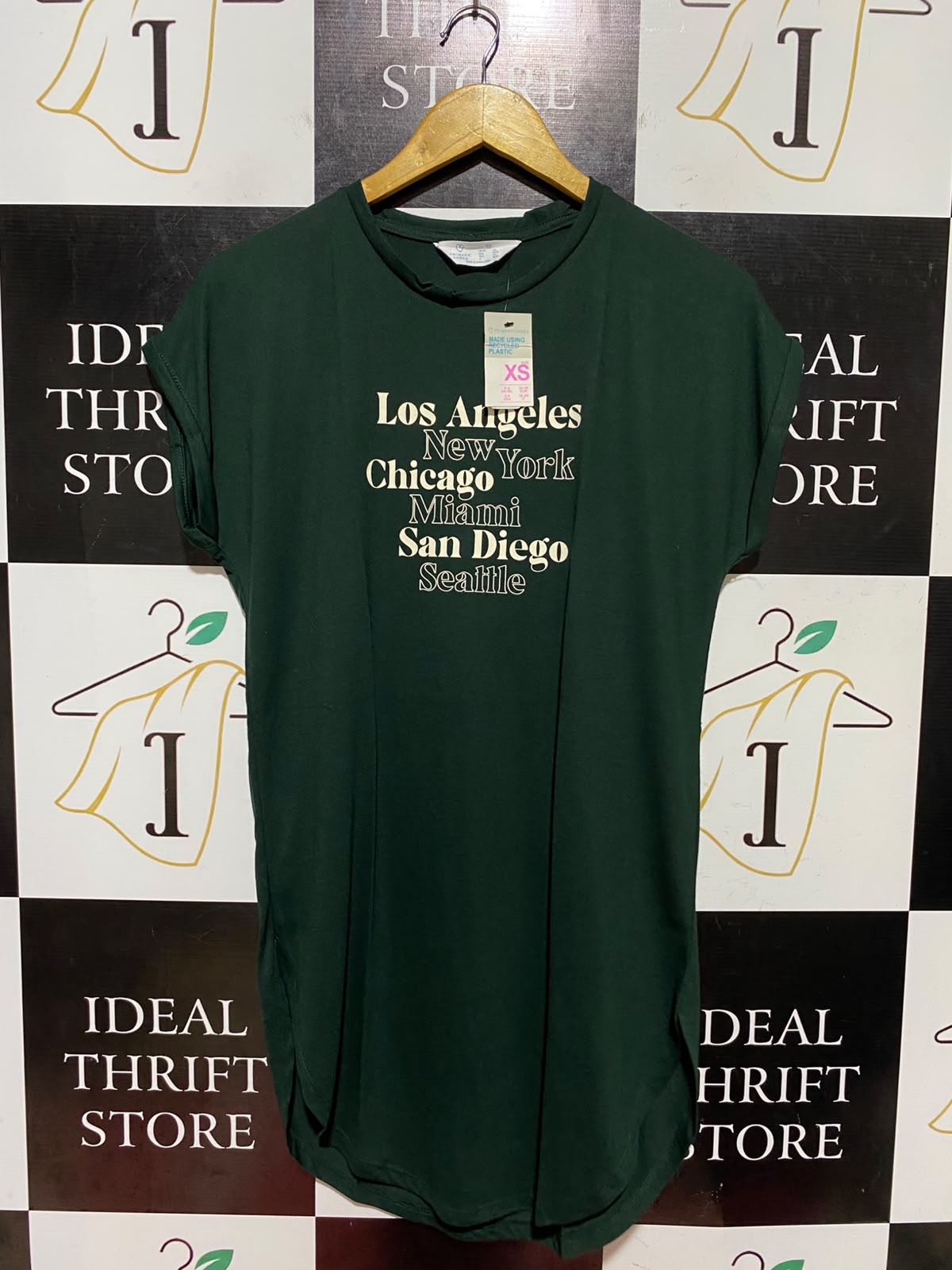 PRIMARK CARES |XS| BUST FREE| B47| WOMEN'S US CITIES GRAPHIC T-SHIRT DRESS DARK GREEN XS NWT
