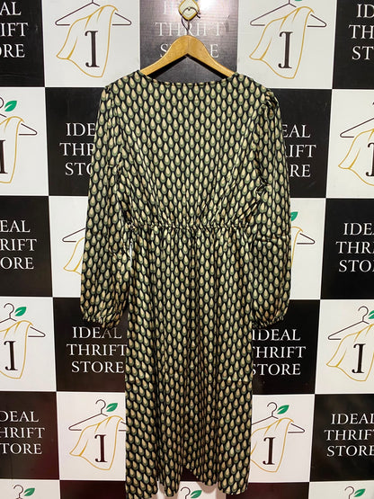 APRICOT |M| BUST 18| B47| WOMEN'S TEARDROP GEOMETRIC PRINT LONG SLEEVE FAUX WRAP MIDI DRESS