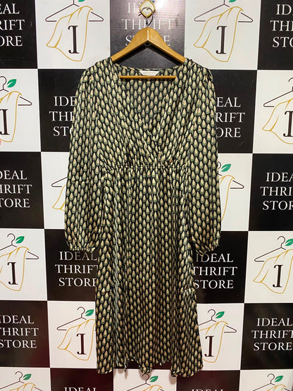 APRICOT |M| BUST 18| B47| WOMEN'S TEARDROP GEOMETRIC PRINT LONG SLEEVE FAUX WRAP MIDI DRESS