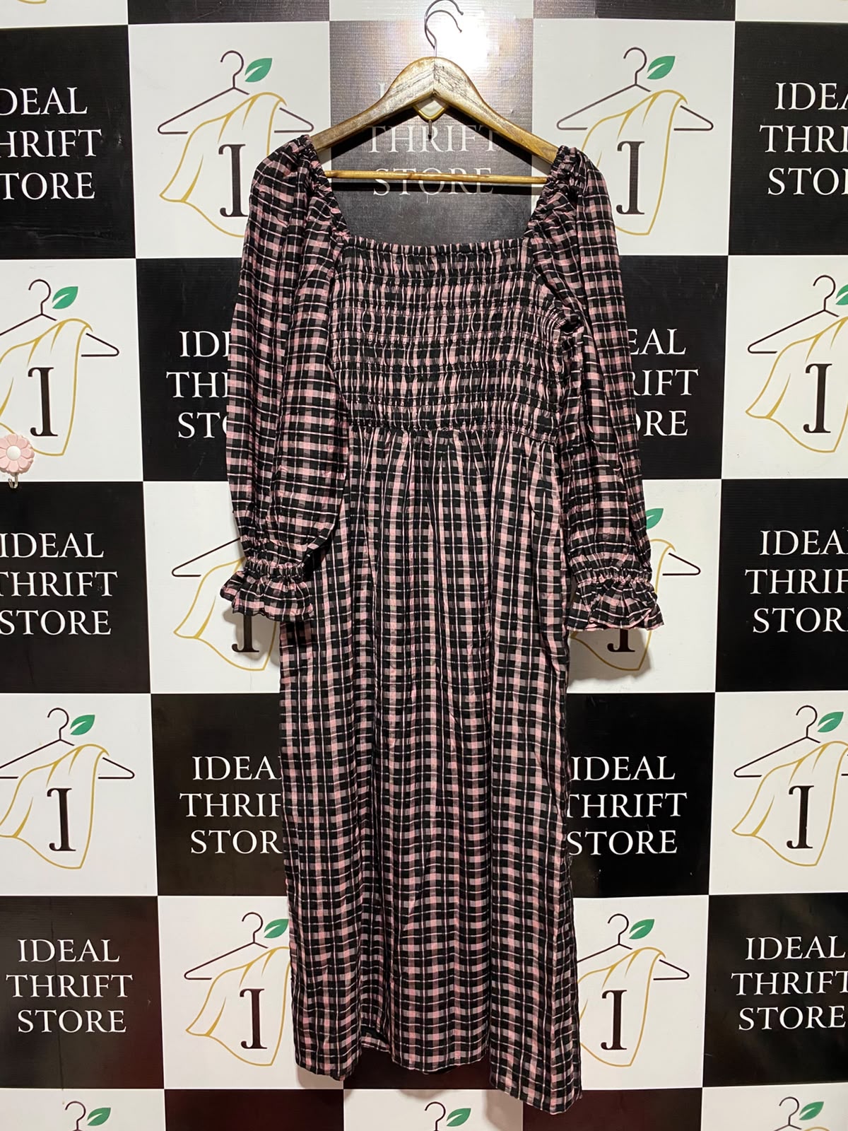 RIVER ISLAND |S| BUST 15| B47| WOMEN'S PINK & BLACK GINGHAM SMOCKED SQUARE NECK MAXI DRESS