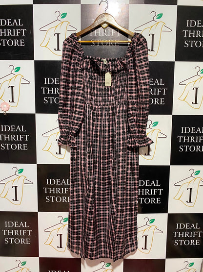 RIVER ISLAND |S| BUST 15| B47| WOMEN'S PINK & BLACK GINGHAM SMOCKED SQUARE NECK MAXI DRESS
