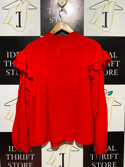 GEORGE |L| BUST 20| B47| WOMEN'S BRIGHT RED RUFFLED SHOULDER V-NECK LONG SLEEVE BLOUSE NWT