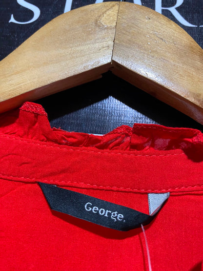 GEORGE |L| BUST 20| B47| WOMEN'S BRIGHT RED RUFFLED SHOULDER V-NECK LONG SLEEVE BLOUSE NWT