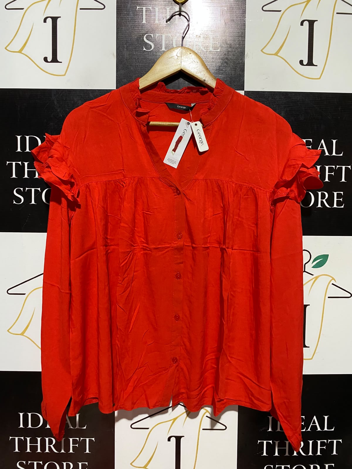 GEORGE |L| BUST 20| B47| WOMEN'S BRIGHT RED RUFFLED SHOULDER V-NECK LONG SLEEVE BLOUSE NWT