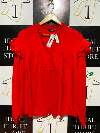 GEORGE |L| BUST 20| B47| WOMEN'S BRIGHT RED RUFFLED SHOULDER V-NECK LONG SLEEVE BLOUSE NWT