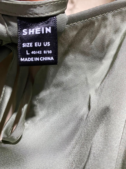SHEIN |L| BUST 18| B47| WOMEN'S SAGE GREEN SATIN HALTER MAXI DRESS RUFFLED PLATED EVENING DRESS