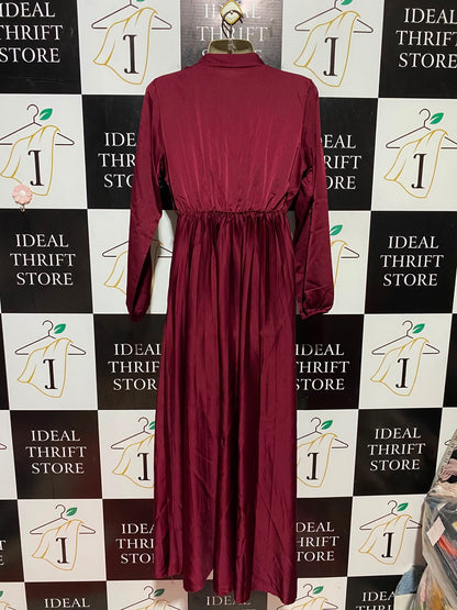 |M| BUST 17| B47| WOMEN'S BURGUNDY SATIN MOCK NECK LONG SLEEVE MAXI DRESS WITH NECK TIE