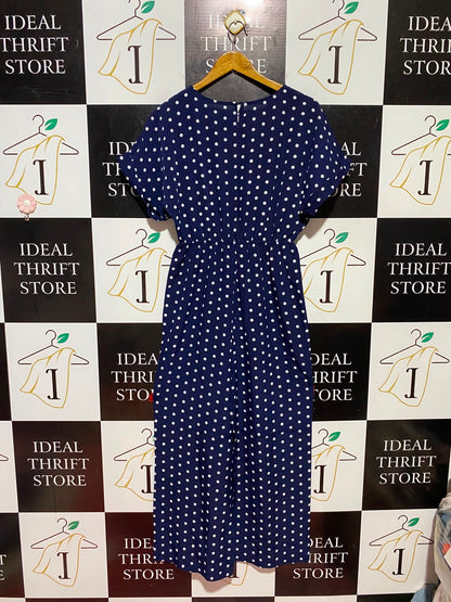 PRETTY SUMMA |M| BUST FREE| B47| WOMEN'S NAVY BLUE POLKA DOT SHORT SLEEVE JUMPSUIT NWT