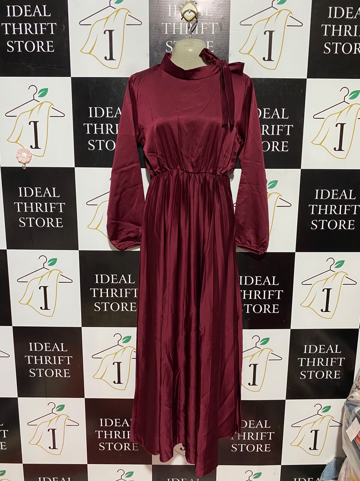 |M| BUST 17| B47| WOMEN'S BURGUNDY SATIN MOCK NECK LONG SLEEVE MAXI DRESS WITH NECK TIE