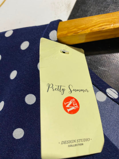 PRETTY SUMMA |M| BUST FREE| B47| WOMEN'S NAVY BLUE POLKA DOT SHORT SLEEVE JUMPSUIT NWT