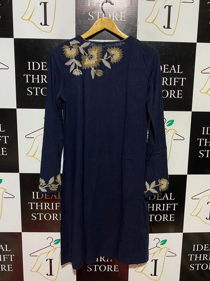 |M| BUST 18| B47| WOMEN'S NAVY BLUE EMBROIDERED FLORAL LONG SLEEVE TUNIK DRESS