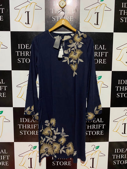 |M| BUST 18| B47| WOMEN'S NAVY BLUE EMBROIDERED FLORAL LONG SLEEVE TUNIK DRESS
