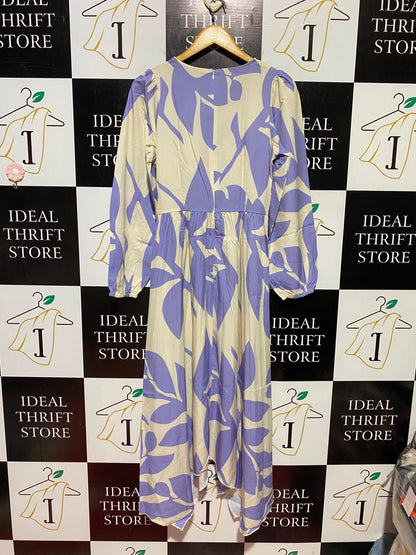 SHEIN |S| BUST 16| B47| WOMEN'S PURPLE & CREAM ABSTRACT FLORAL LONG SLEEVE TWIST WAIST MIDI DRESS