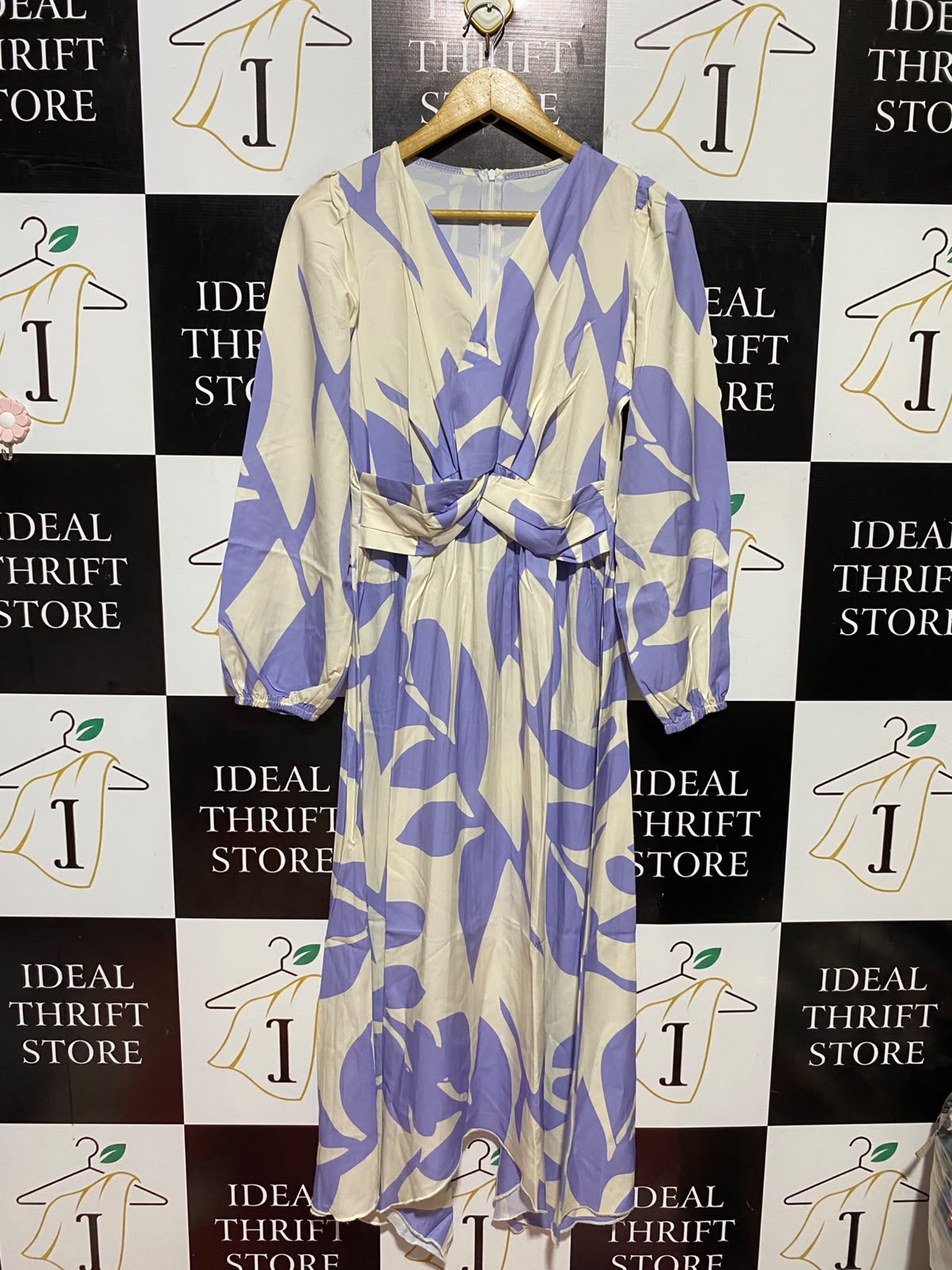 SHEIN |S| BUST 16| B47| WOMEN'S PURPLE & CREAM ABSTRACT FLORAL LONG SLEEVE TWIST WAIST MIDI DRESS