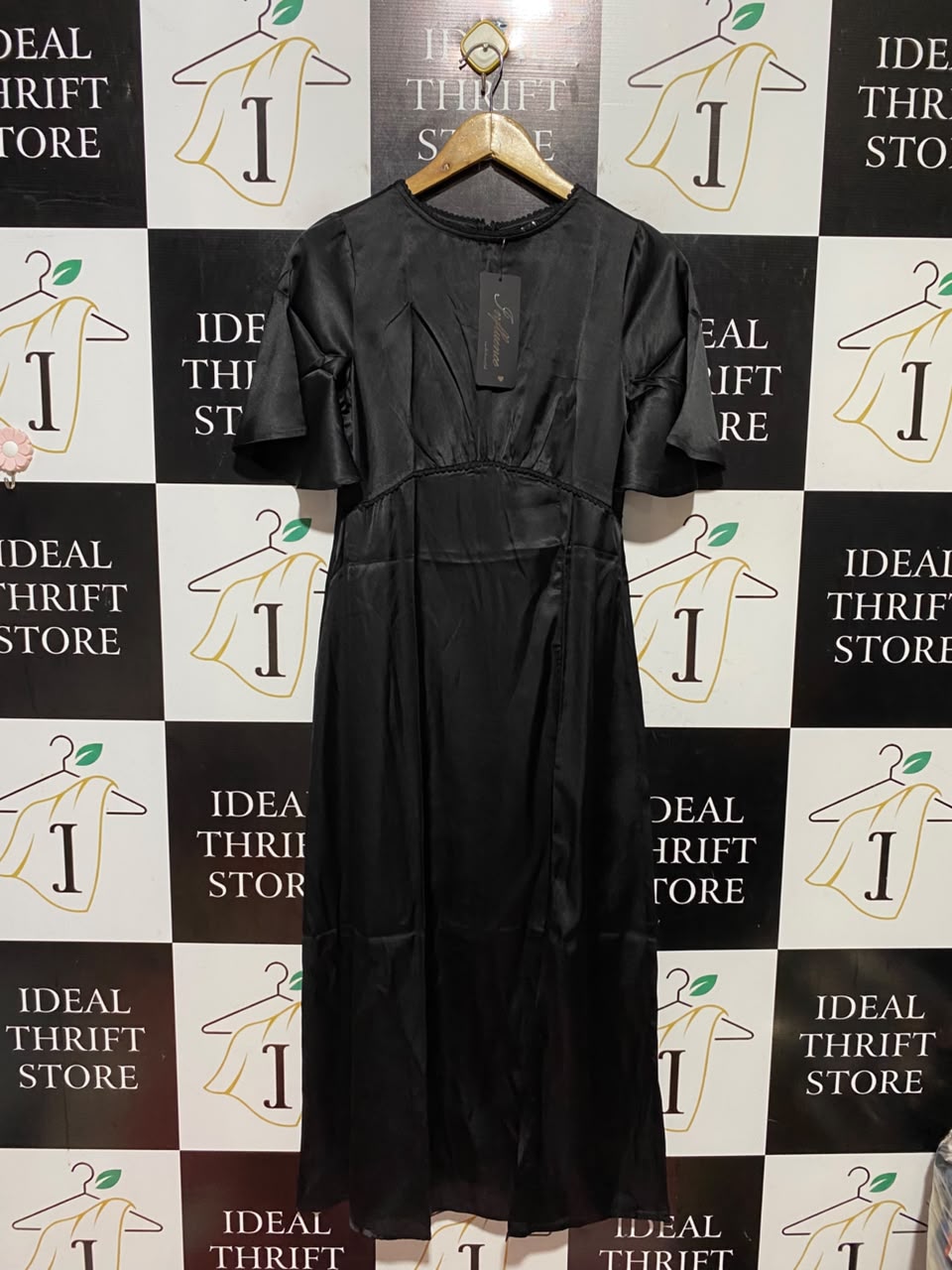 INFLUENCE |S| BUST 16| B47| WOMEN'S BLACK SATIN SHORT FLUTTER SLEEVE EMPIRE WAIST MIDI DRESS