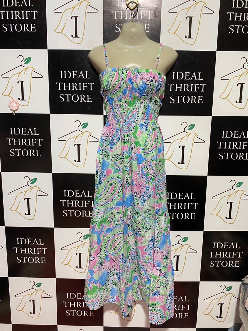 FLOWER FEVER |XS| BUST 15| B47| WOMEN'S MULTICOLOR PAISLEY FLORAL SMOCKED CAMI MAXI DRESS
