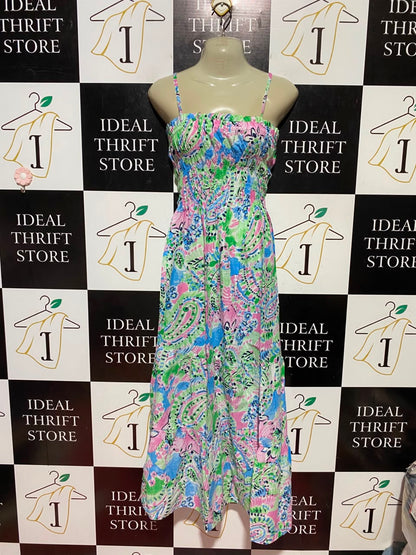FLOWER FEVER |XS| BUST 15| B47| WOMEN'S MULTICOLOR PAISLEY FLORAL SMOCKED CAMI MAXI DRESS
