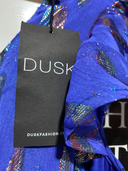 DUSK |M| BUST 19| B47| WOMEN'S ROYAL BLUE METALLIC FOIL PRINT FLUTTER SLEEVE MINI DRESS NWT