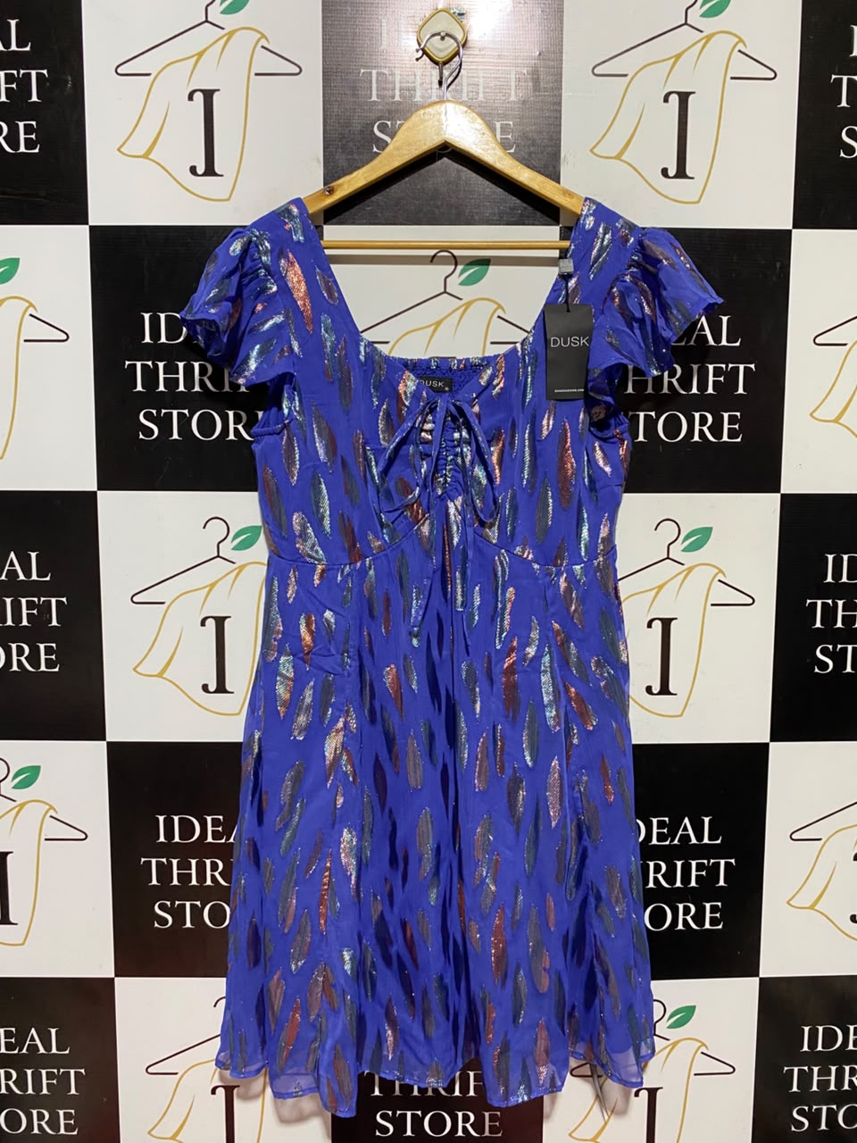 DUSK |M| BUST 19| B47| WOMEN'S ROYAL BLUE METALLIC FOIL PRINT FLUTTER SLEEVE MINI DRESS NWT