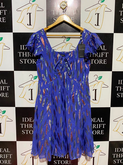DUSK |M| BUST 19| B47| WOMEN'S ROYAL BLUE METALLIC FOIL PRINT FLUTTER SLEEVE MINI DRESS NWT