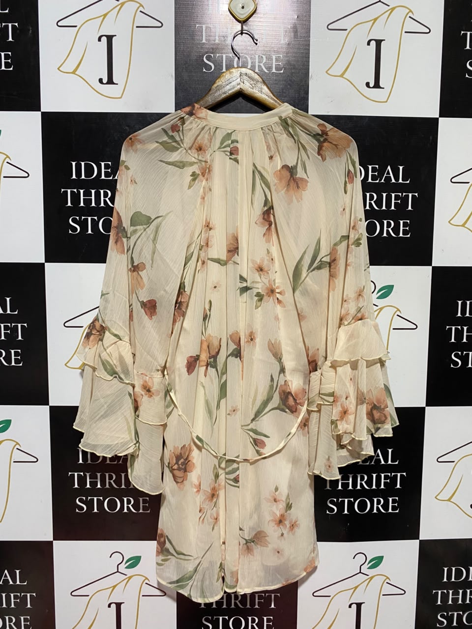 F&F |M| BUST 20| B47| WOMEN'S CREAM FLORAL CHAFON BELL SLEEVE MINI SHIRTDRESS TUNlC