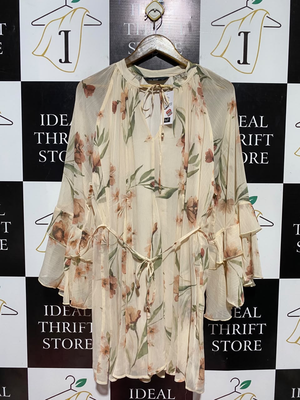 F&F |M| BUST 20| B47| WOMEN'S CREAM FLORAL CHAFON BELL SLEEVE MINI SHIRTDRESS TUNlC