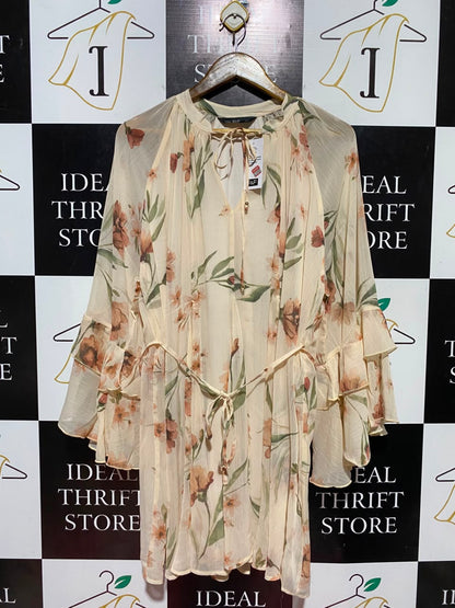 F&F |M| BUST 20| B47| WOMEN'S CREAM FLORAL CHAFON BELL SLEEVE MINI SHIRTDRESS TUNlC