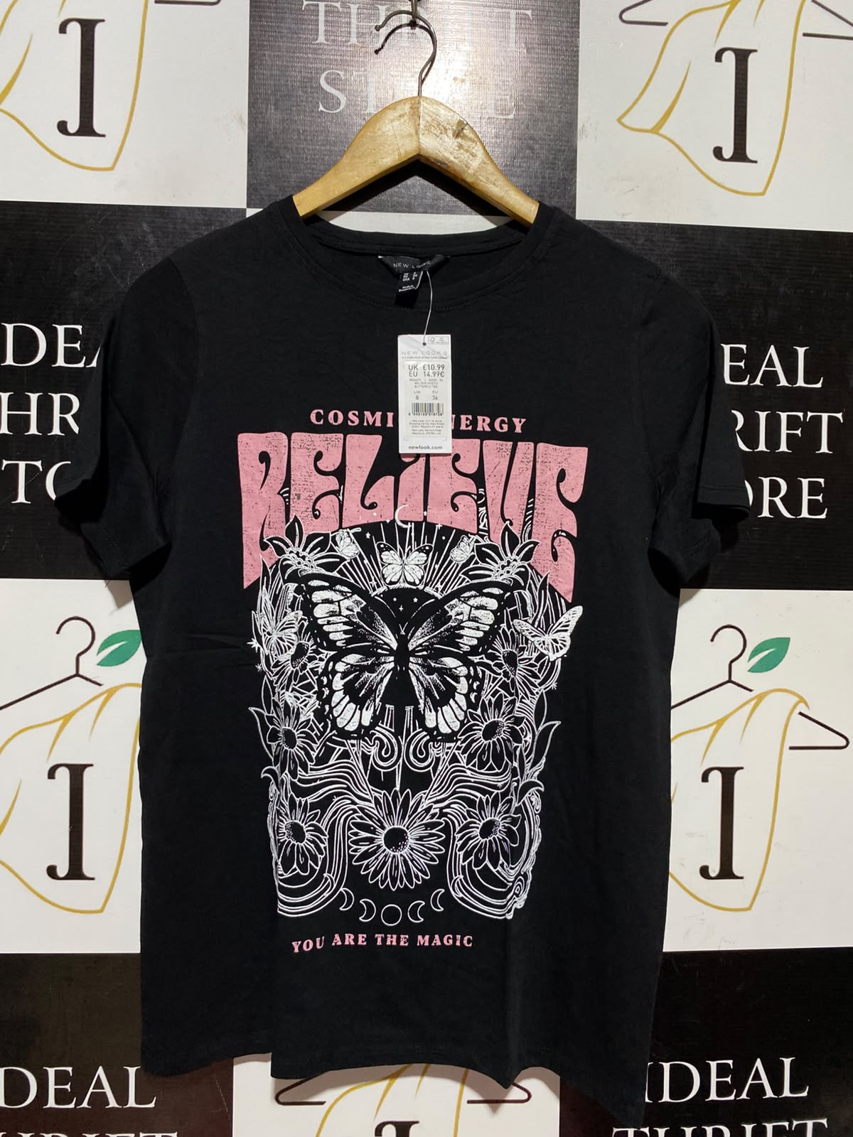 NEW LOOK |M| BUST 18| B46| BLACK 'BELIEVE' COSMIC ENERGY BUTTERFLY SHORT SLEEVE TEE