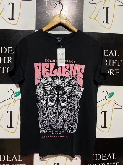 NEW LOOK |M| BUST 18| B46| BLACK 'BELIEVE' COSMIC ENERGY BUTTERFLY SHORT SLEEVE TEE