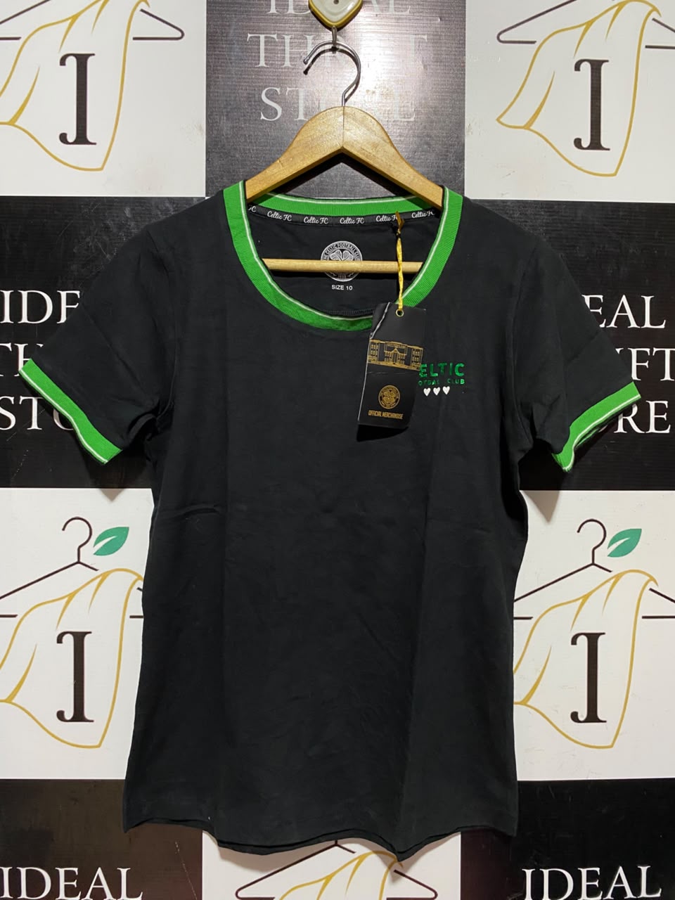 THE CELTIC |M| BUST 18| B46| BLACK & GREEN CASUAL RINGER TEE WITH EMBROIDERED HEART DETAILS