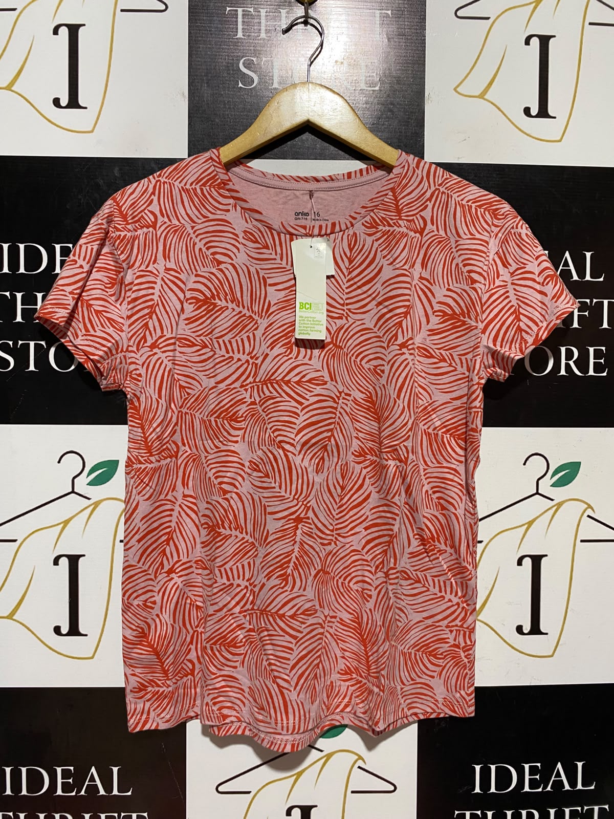 ANKO |M| BUST 18| B46| GIRLS' TROPIAL LEAF PRINT T-SHIRT - PINK & RED PALM LEAF SHORT SLEEVE TEE