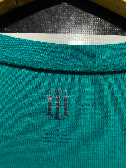 TOMMY HILFIGER |S| BUST 15| B46| TEAL GREEN CASUAL T-SHIRT - EMBROIDERED FLAG LOGO SHORT SLEEVE CREW NECK TEE