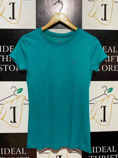 TOMMY HILFIGER |S| BUST 15| B46| TEAL GREEN CASUAL T-SHIRT - EMBROIDERED FLAG LOGO SHORT SLEEVE CREW NECK TEE