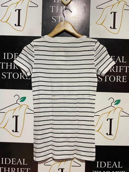 THE BASICS |XS| BUST 14| B46| STRIPED HENLEY T-SHIRT WHITE WITH BLACK STRIPES SHORT SLEEVE