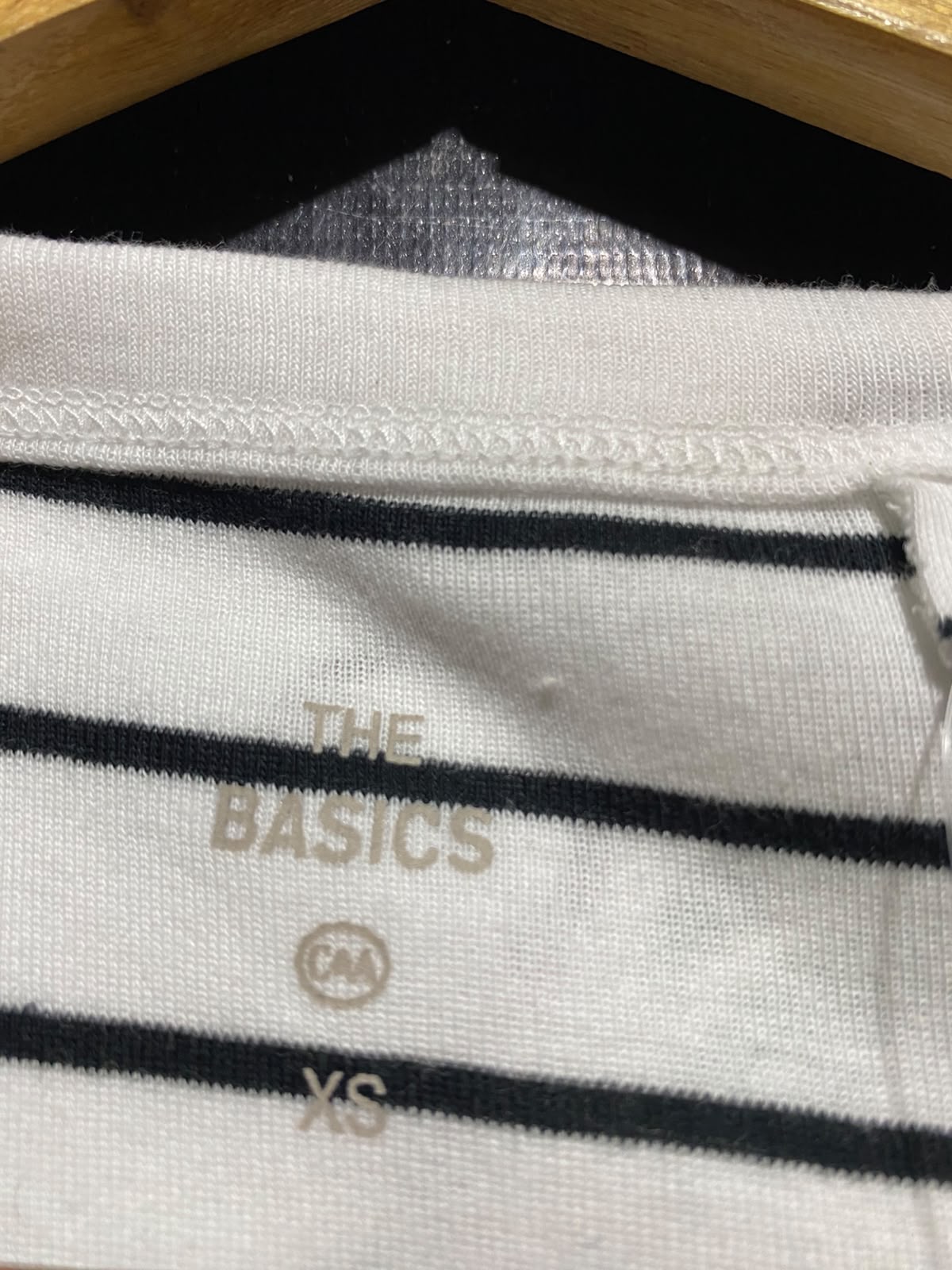THE BASICS |XS| BUST 14| B46| STRIPED HENLEY T-SHIRT WHITE WITH BLACK STRIPES SHORT SLEEVE