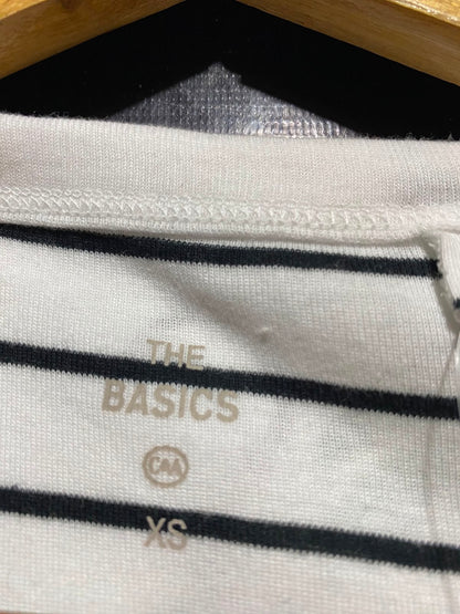 THE BASICS |XS| BUST 14| B46| STRIPED HENLEY T-SHIRT WHITE WITH BLACK STRIPES SHORT SLEEVE